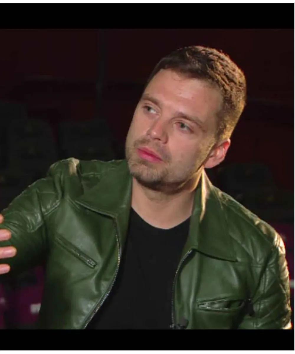 Sebastian Stan Motorcycle Quilted Green Leather Jacket - Image 4