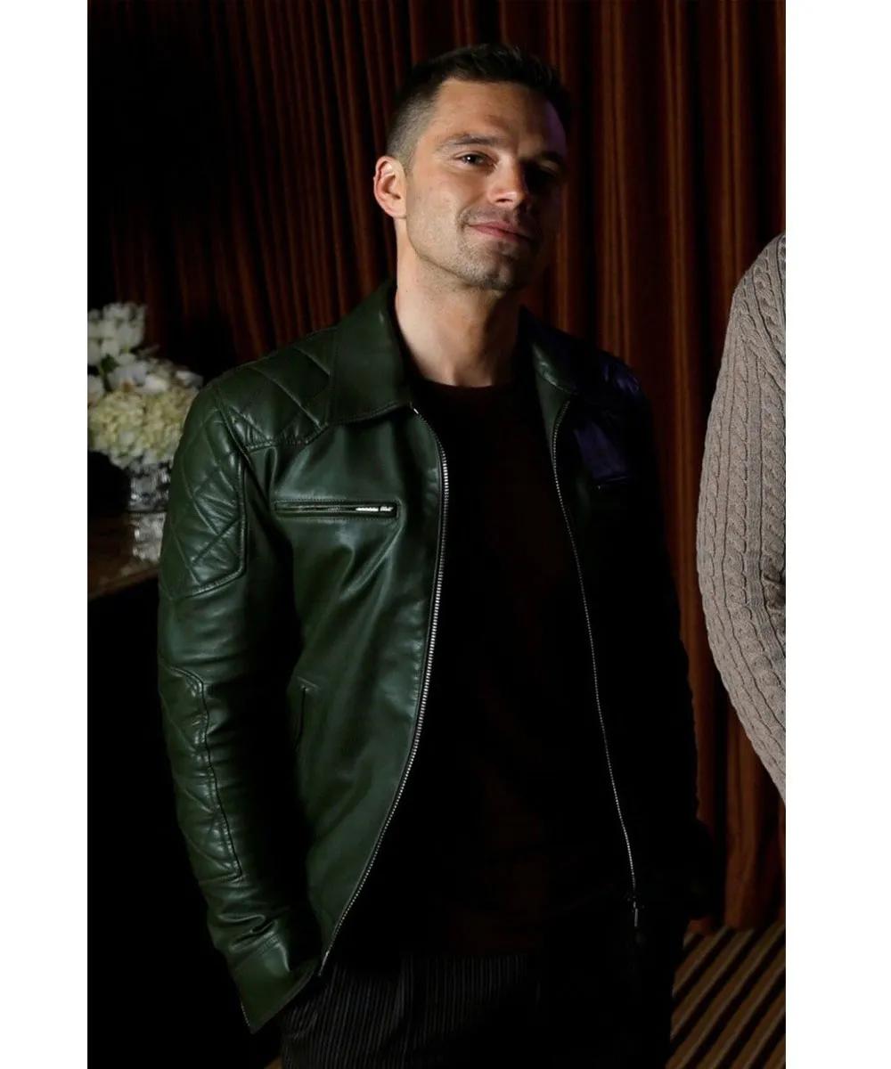 Sebastian Stan Motorcycle Quilted Green Leather Jacket - Image 2