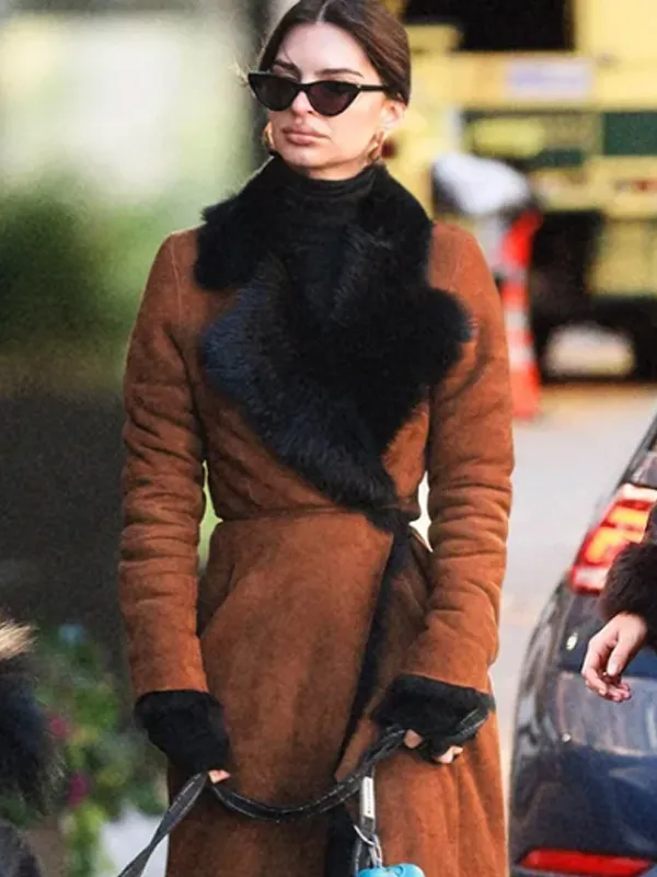 American-model-and-former-actress-Emily-Ratajkowski-Brown-Shearling-Suede-Leather-Long-Coat