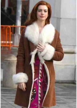 Anne Hathaway Shearling Suede Leather Coat