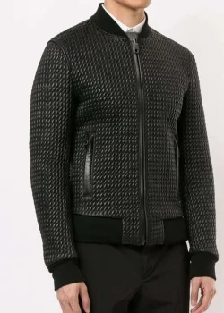 Men Casual Quilted Black Bomber Leather Jacket