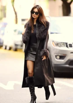 Emily Ratajkowski American Model Black Leather Coat