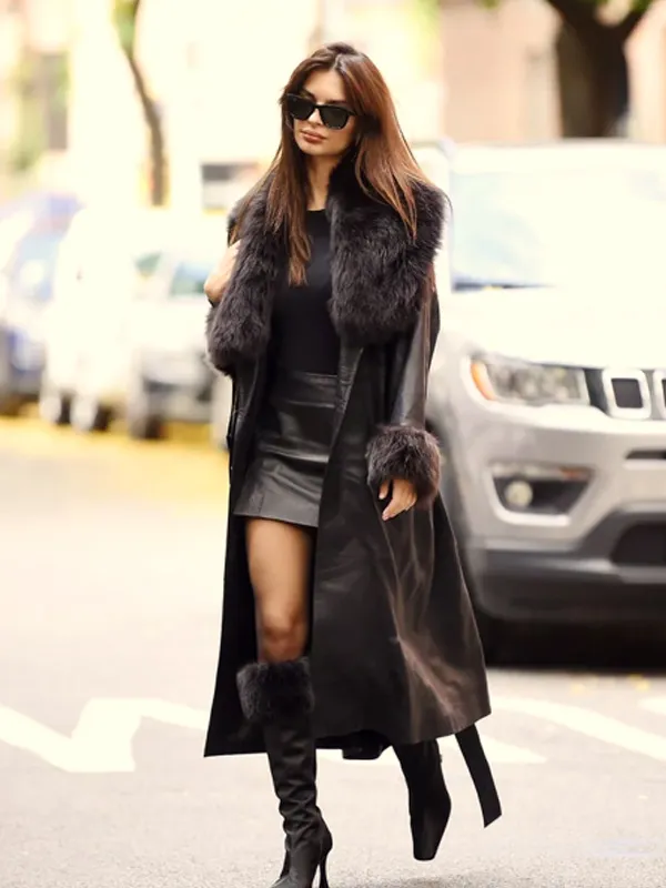 Emily-Ratajkowski-American-Model-Black-Leather-Coat