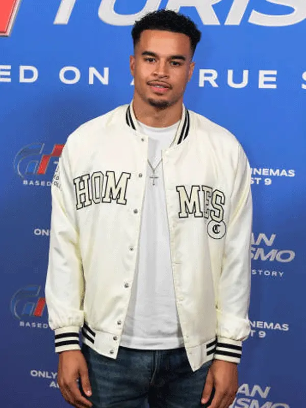 Gran-Turismo-2023-Toby-Aromolaran-Movie-Event-White-Bomber-Jacket
