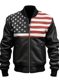 Men Bomber Style American Flag Leather Jacket