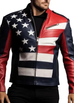 USA Flag Embossed Genuine Leather Jacket