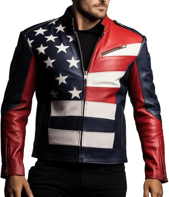 USA Flag Embossed Genuine Leather Jacket