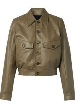 Women Cropped Casual Green Leather Jacket