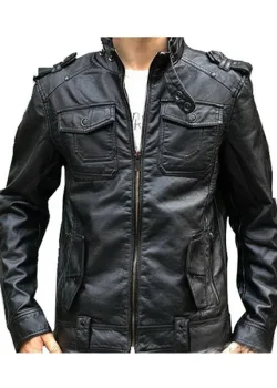 Banded Collar Black Leather Motorcycle Jacket for Men