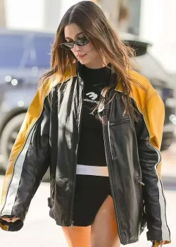 Hailey Bieber Black and Yellow Leather Jacket