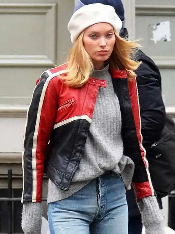 Elsa Hosk Red and Black Leather Jacket