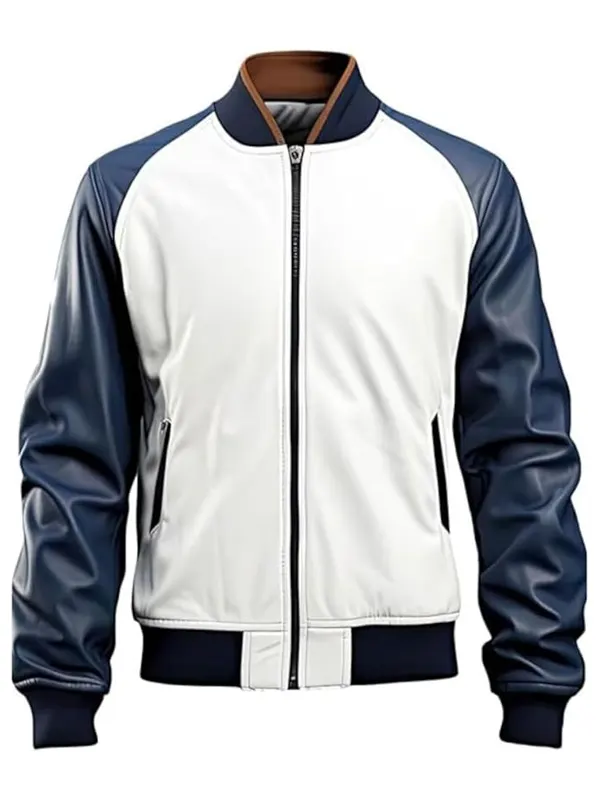 Men Blue and White Leather Jacket