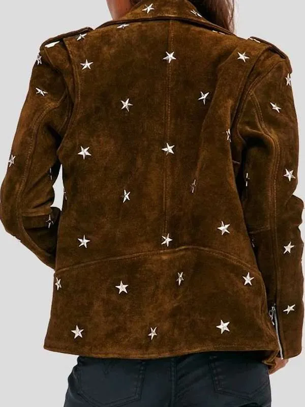 Women Stylish Studded Biker Brown Suede Leather Jacket - Image 2