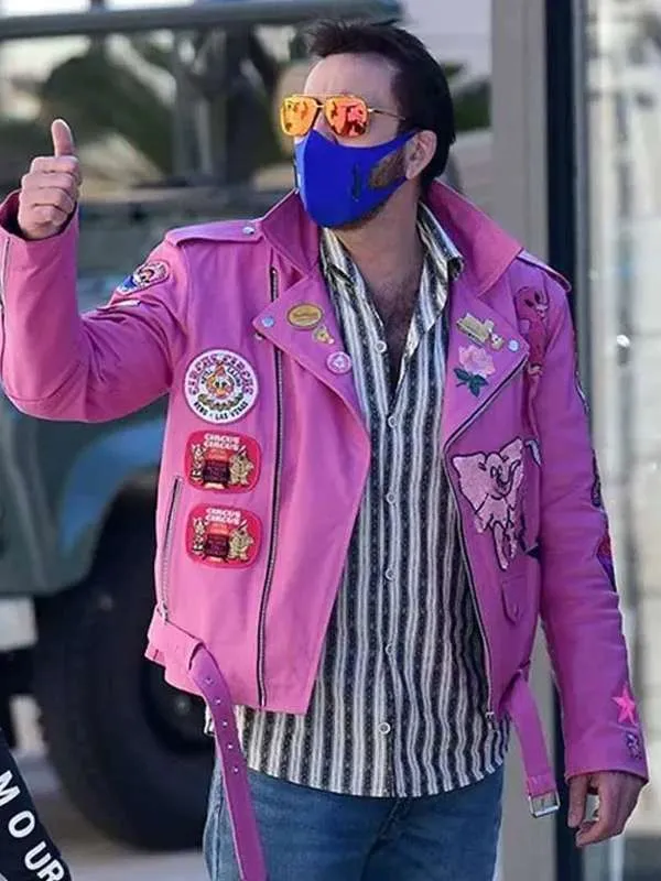 Nicolas Cage Pink Biker Leather Jacket