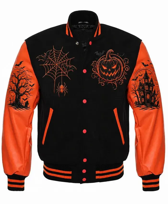 2026 Halloween Horror Black and Orange Letterman Jacket