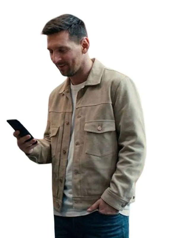 Lionel Messi Spider-Man A Brand New Day 2026 Beige Suede Leather Trucker Jacket