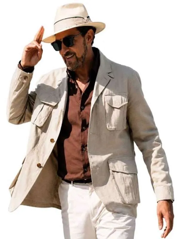 Shop Antonio Banderas Above and Below 2026 Beige Cotton Safari Jacket