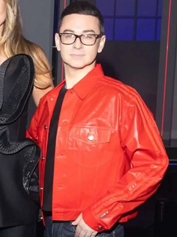 Shop Christian Siriano Project Runway S22 Red Trucker Leather Jacket