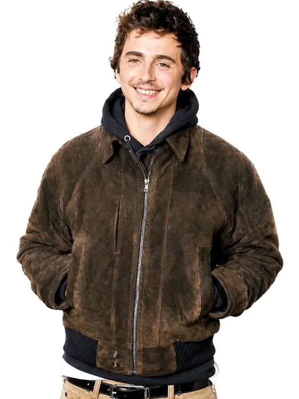Timothée Chalamet Dune Part Three CinemaCon 2026 Brown Suede Bomber Jacket