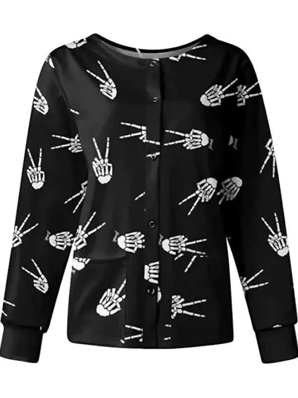 Victory Skelton Hands Halloween Black Scrub Jacket