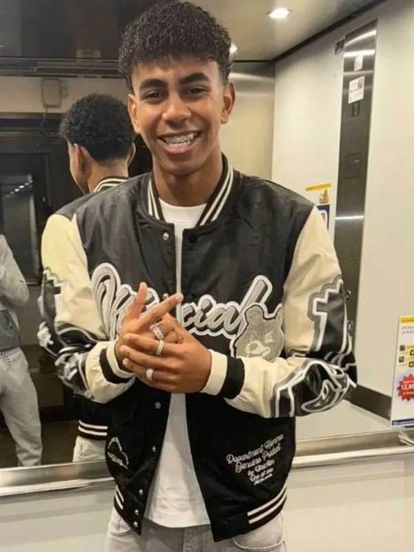 Lamine Yamal Black And White Satin Varsity Bomber Jacket