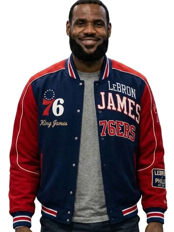 Philadelphia 76ers LeBron James Blue and Red Letterman Varsity Jacket