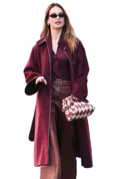 Lily James Paris Fashion Week 2026 Burgundy Coat