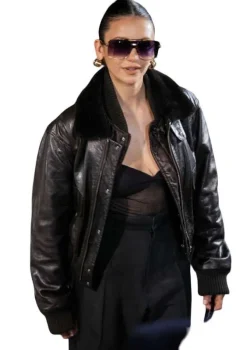 Nina Dobrev Paris Fashion Show 2026 Fur Leather Jacket
