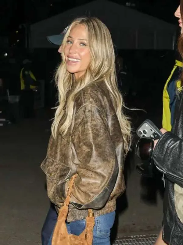 Alix Earle Super Bowl LX Brunch 2026 Distressed Leather Jacket