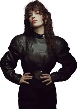 Sophie Thatcher 2026 Black Cropped Leather Jacket