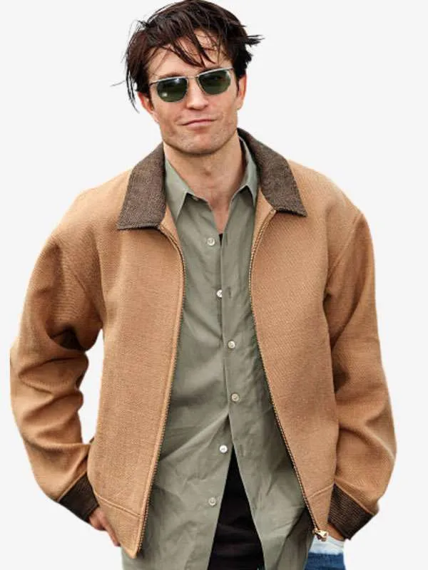 Shop The Odyssey Photocall 2026 Robert Pattinson Tan Brown Wool Jacket