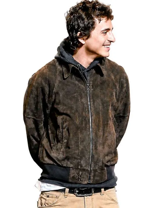 Dune Part Three CinemaCon 2026 Timothée Chalamet Brown Suede Bomber Jacket