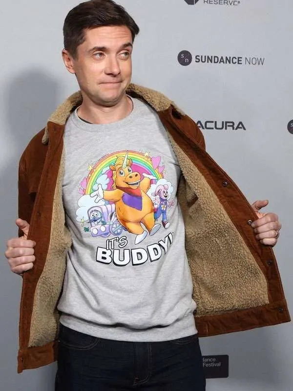 Shop Topher Grace Buddy Premiere Sundance Film Festival 2026 Shearling Brown Jacket