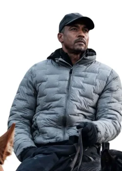 Anna Pigeon 2026 Manny Lopez Grey Puffer Jacket