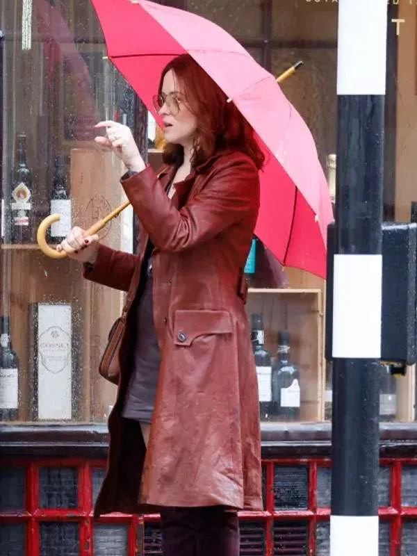 Ink 2026 Claire Foy Brown Leather Trench Coat
