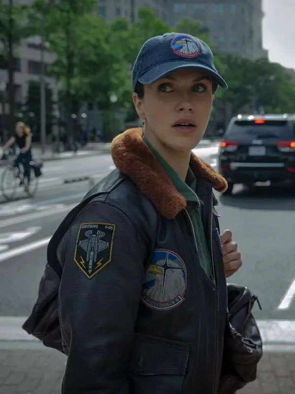 Silo 2026 Jessica Brown Findlay Flight Leather Bomber Jacket