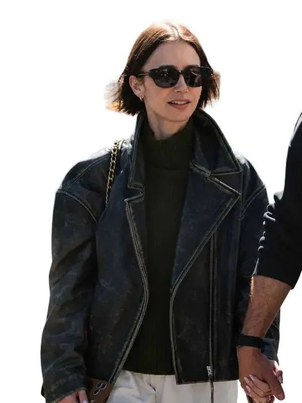 Lily Collins London Distressed Black Leather Jacket