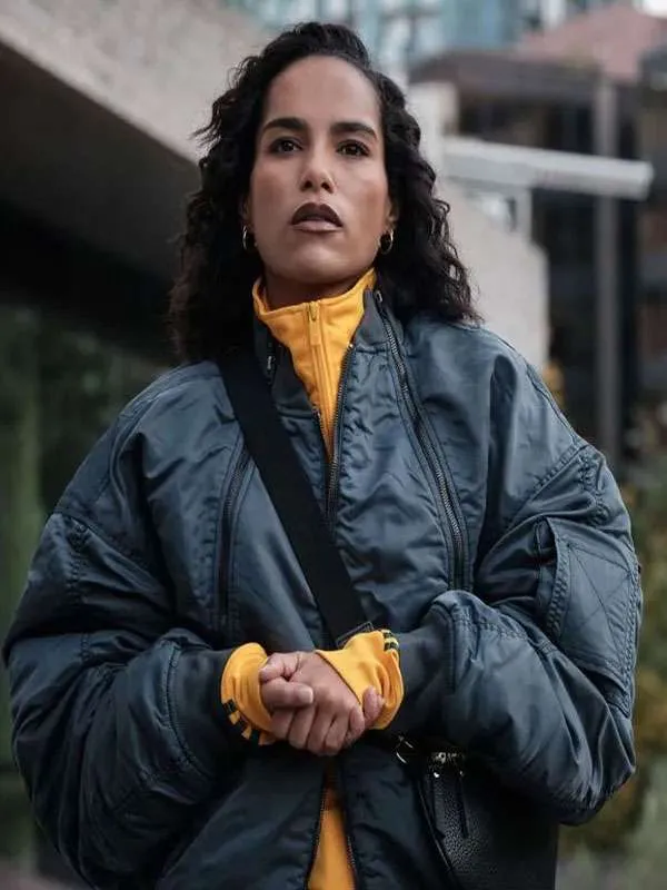 Saffron Hocking TV Series Hit Point S01 Bella Grey Bomber Jacket
