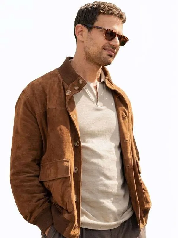 Theo James The Gentlemen 2026 Eddie Hornima Brown Suede Leather Jacket