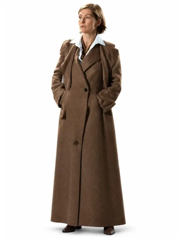 Movie Wife and Dog 2026 Rosamund Pike Brown Long Wool Coat