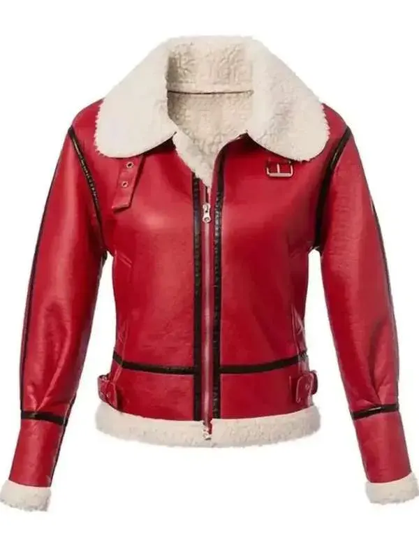 Christmas Shearling Red Leather Jacket For Women