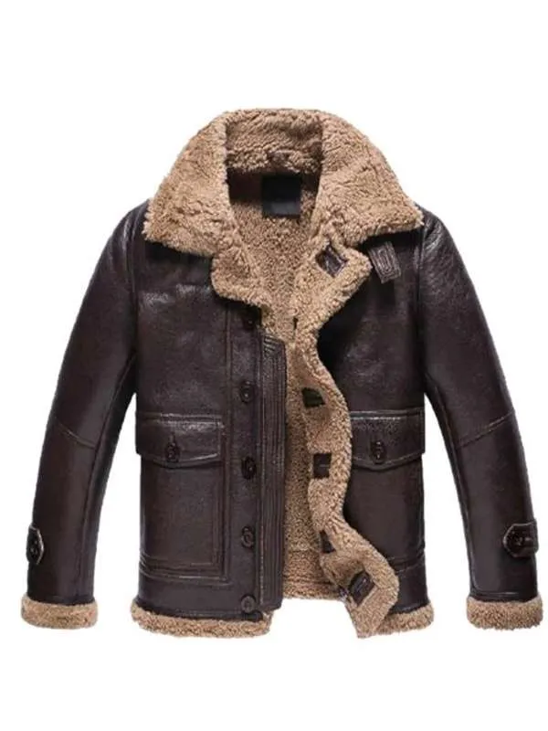 Men's Classic Shearling Bomber Lambskin Brown Leather Jacket