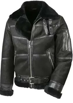 Men Sheepskin Aviator Shearling Black Leather Jacket