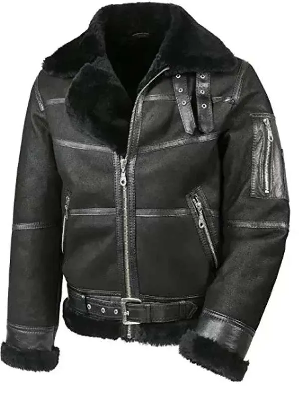 Men's Aviator Shearling Bomber Sheepskin Black Leather Jacket