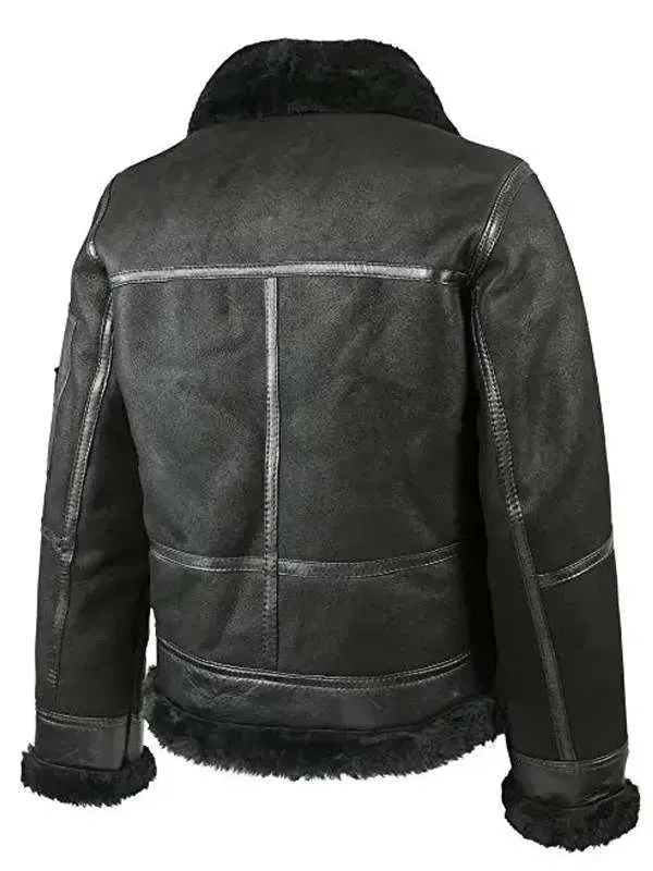 Men Sheepskin Aviator Shearling Black Leather Jacket