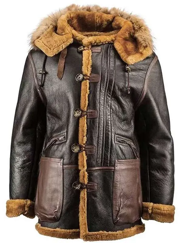 Men Brown B7 Shearling Hooded Leather Jacket