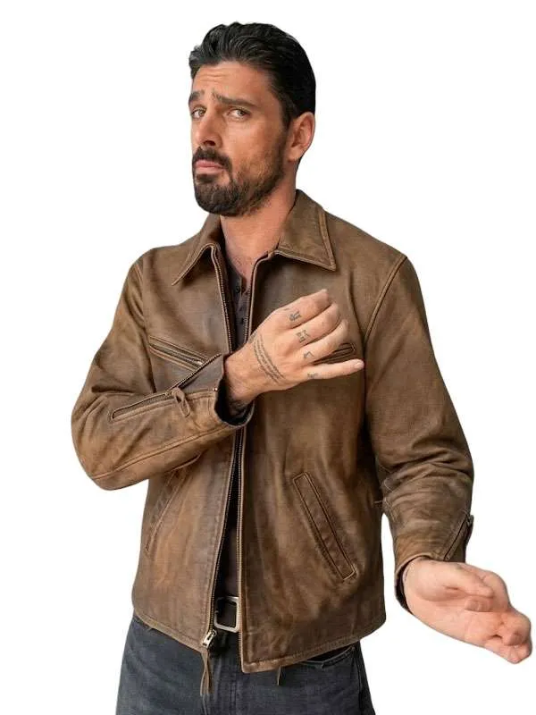 Michele Morrone The Housemaid’s Secret 2027 Enzo Brown Distressed Leather Jacket