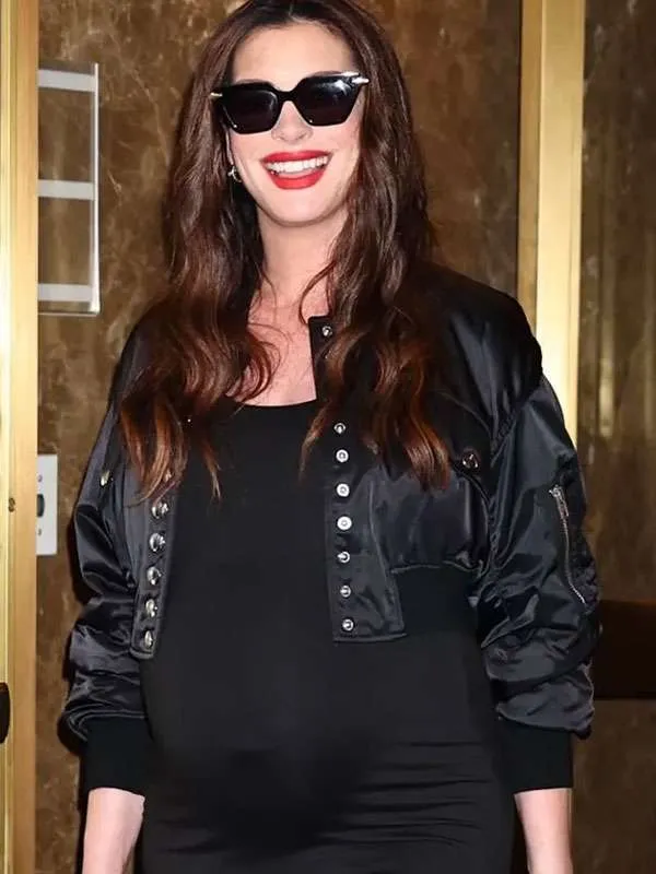 Verity Premiere Night 2026 Anne Hathaway Black Cropped Bomber Jacket