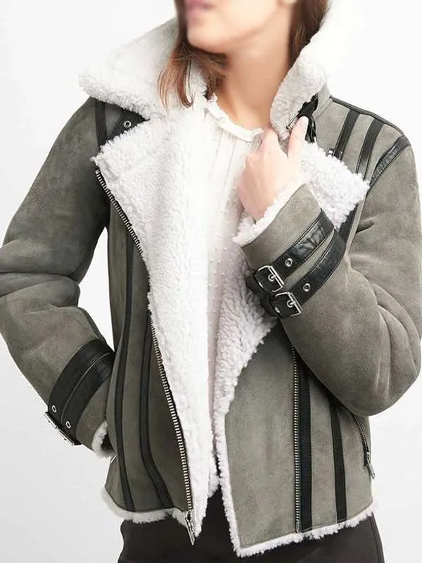 B3 Bomber Shearling Grey Suede Leather Jacket For Women