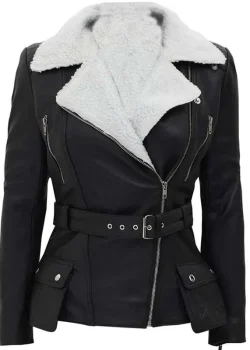 Women Belted Shearling Black Leather Jacket